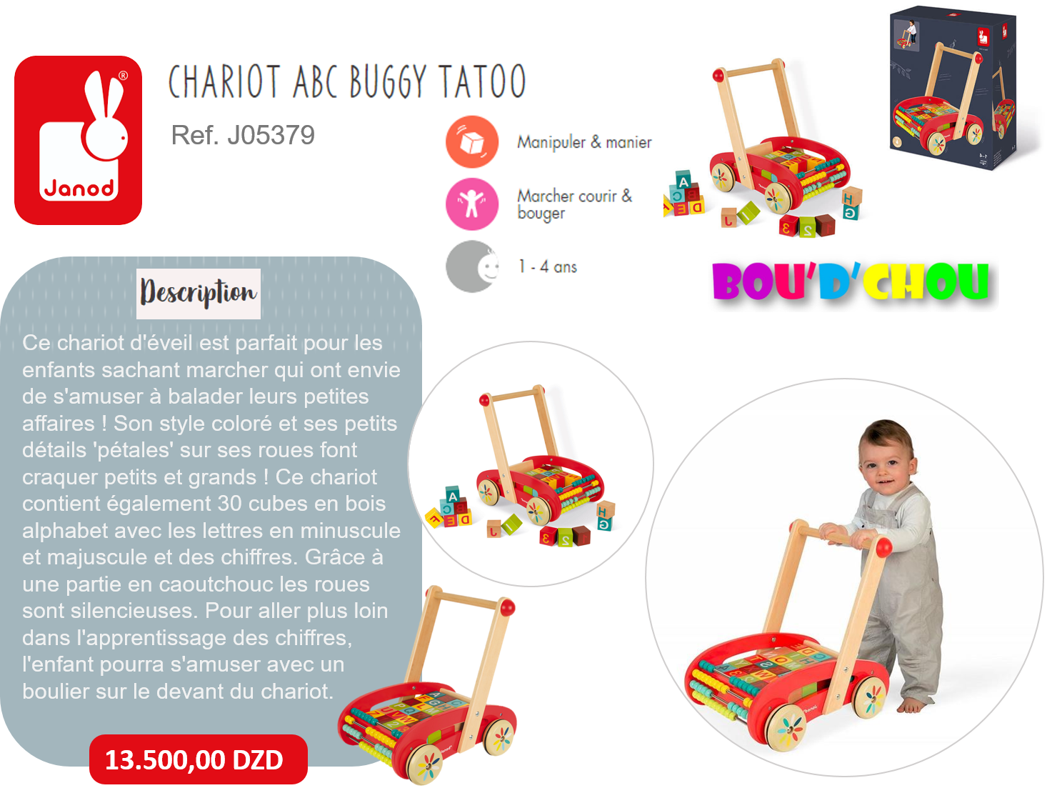 Chariot ABC Buggy Tatoo en bois avec cubes alphabet