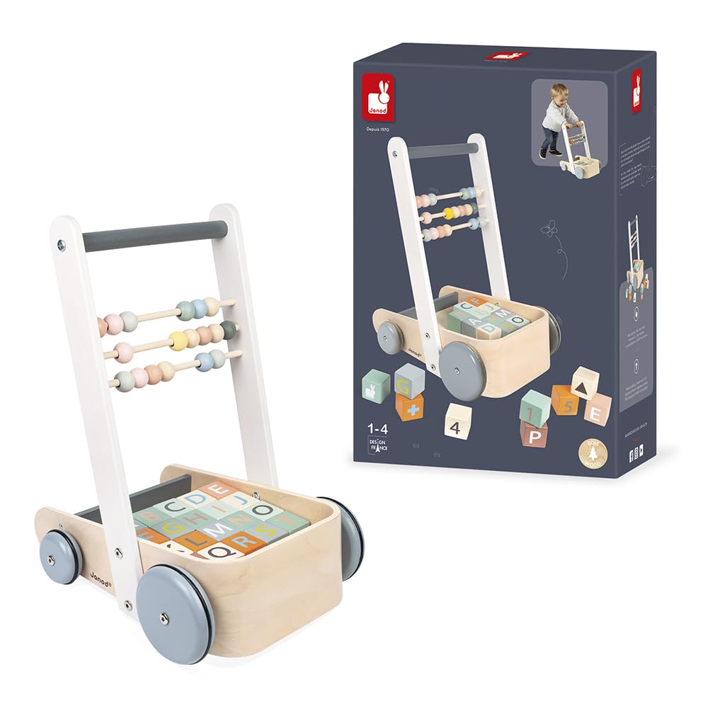 Chariot de marche ABC avec 20 cubes en bois à empiler
