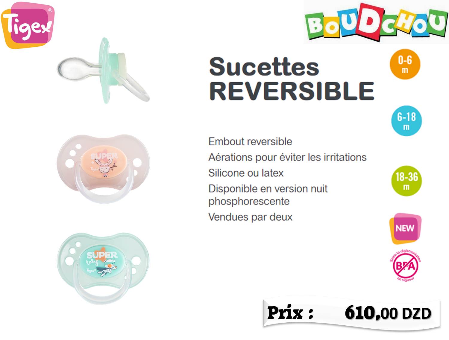 Sucettes Réversibles Tigex Silicone - Tailles 1 et 2